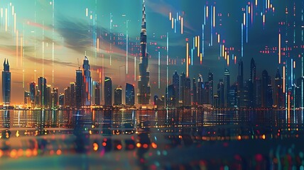 Illuminated Burj Khalifa with data or candlestick stock market charts overlay at twilight. - obrazy, fototapety, plakaty