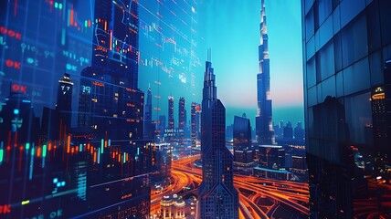 Illuminated Burj Khalifa with data or candlestick stock market charts overlay at twilight, Showing the UAE economy. Double exposure of Dubai city, skyscrapers, graph, stock. Finance & banking concept. - obrazy, fototapety, plakaty