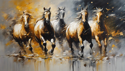 Golden Gallop: Abstract Oil Painting with Horses and Brush Strokes