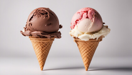 Classic Trio: Chocolate, Vanilla, and Strawberry Ice Cream Cones on White Background