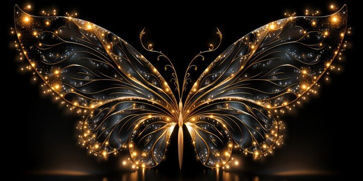 Sparkling Fantasy: Glitter Fairy Wings Stand Out Brilliantly Against the Dark Canvas of a Black Background, Illuminating the Enchantment of Imagination 