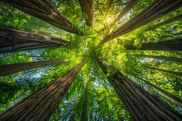 Looking up in a Coastal Redwood forest (Sequoia Sempervirens), converging tree trunks surrounded by evergreen foliage, Purisima Creek Redwoods Preserve, Santa Cruz Mountains, San Francisco bay area - obrazy, fototapety, plakaty