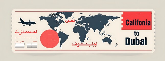 Airline ticket, boarding pass, Califonia to Dubai (UAE) airplane ticket design flat vector illustration. Generative AI - obrazy, fototapety, plakaty