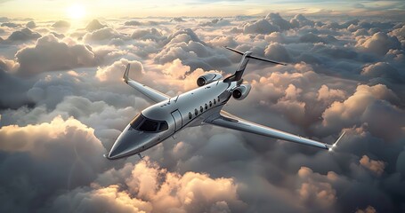 Private Jet Airplane In The Sky: White Luxury generic design private jet flying over the earth. Empty blue sky with white clouds background. Business Travel Concept.
