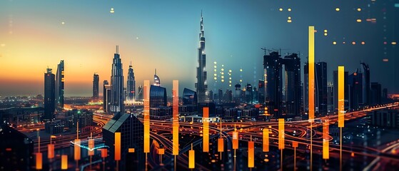 UAE. Dubai economy, Illuminated data or candlestick stock market charts overlay Burj Khalifa at twilight. Country's economy profits, zero% tax rate, financial analytics, Stock market, trading graphs. - obrazy, fototapety, plakaty
