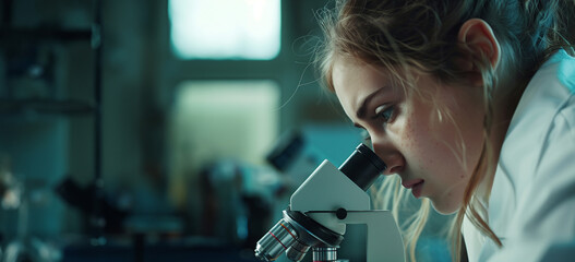 Focused female scientist using a microscope in a research lab. Scientific discovery and education concept. Design for science journal cover, laboratory recruitment poster. Banner with copy space.