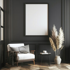 A modern empty frame mockup set against a sleek charcoal gray wall, blending contemporary style...
