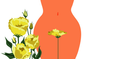 Women's health. Female hips. Bikini line. Abstract flowers. The topic of female intimate depilation and hygiene. Vector illustration. Place for text	 - obrazy, fototapety, plakaty