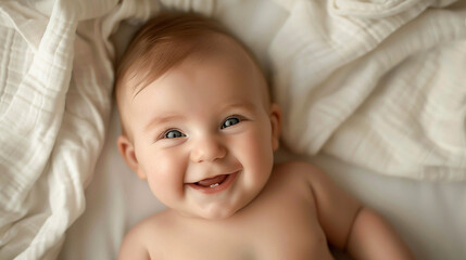 Caucasian smiling baby on the monochrome white background. Close-up of smiling baby. 