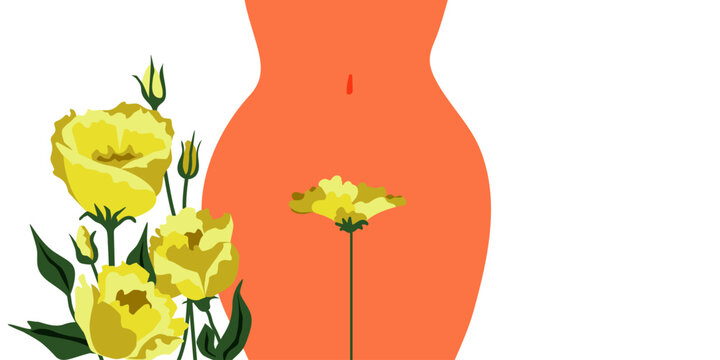 Women's health. Female hips. Bikini line. Abstract flowers. The topic of female intimate depilation and hygiene. Vector illustration. Place for text	