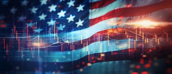Abstract virtual financial technical graph hologram on USA flag and cityscape background, forex and investment concept. Global economy, stock exchange. Multiexposure. - obrazy, fototapety, plakaty