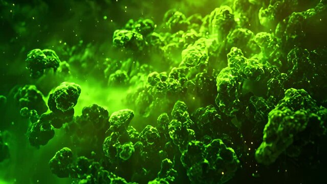 Green toxic poison animated bacteria cell and virus microscope 3d healthcare and medical background HD in green background floating 4k video virus