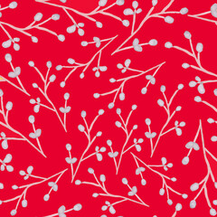 seamless pattern watercolor drawing plant elements branches on a red background basis for creativity