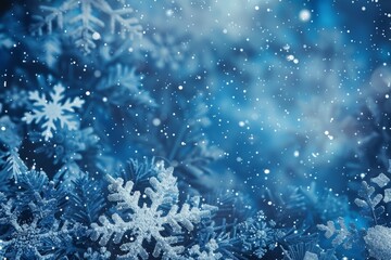 Blue Sparkling Winter Wonderland Background, Snow, Snowflakes, Bokeh, Horizontal Christmas Illustration.  Generative AI.
