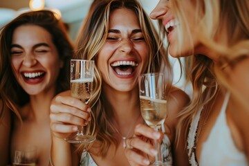 Women celebrating at a bachelorette party laughing and drinking champagne. Concept Celebration, Bachelorette Party, Laughter, Champagne, Women