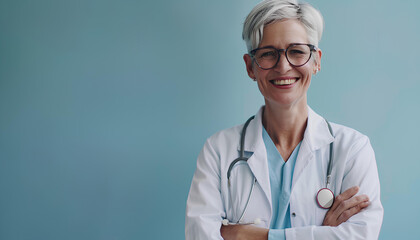 Cheerful mature doctor posing and smiling at camera, healthcare and medicine - obrazy, fototapety, plakaty