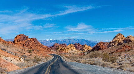 Naklejka premium Crossing Horizons: Road Tripping Through the American Southwest. Generative AI
