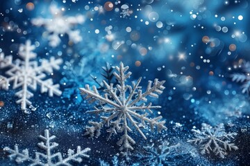 Fototapeta na wymiar Blue Sparkling Winter Wonderland Background, Snow, Snowflakes, Bokeh, Horizontal Christmas Illustration. Generative AI. 