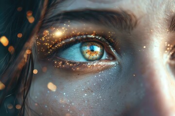 Close-up focus on the eye of a young woman looking straight ahead, with a glittering lights effect. 