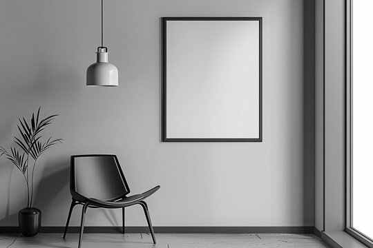 Against a crisp monochrome wall, a minimalist empty frame mockup provides a timeless backdrop for artistic endeavors. Its simplicity allows the imagination to take center stage, 