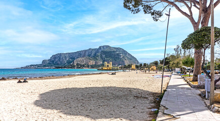 The small beach beside the centre of Mondello, Sicily, Italy.