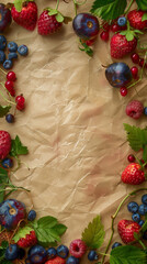 Fototapeta na wymiar Antique parchment enveloped by a vibrant collection of fresh berries