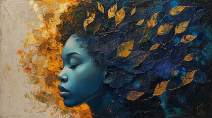 This artistic rendition showcases a woman profile with her hair transforming into golden leaves against a textured abstract background, evoking a fusion of nature and human beauty