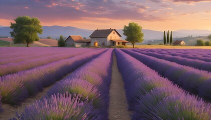 Rolling Lavender Fields Under A Warm Sunset Color