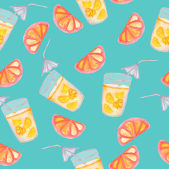 seamless watercolor pattern citrus cocktail and orange slices on a blue background