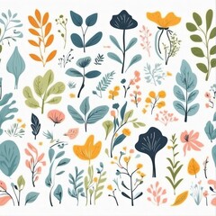 A collection of seamless pattern, colorful abstract plants and flowers. Hand drawn Collection of leaves and flowers. A close up of a pattern of flowers and leaves.
