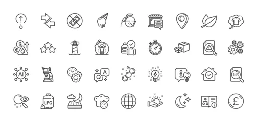 Fotobehang Night mattress, Timer and Cooking timer line icons pack. AI, Question and Answer, Map pin icons. Lamp, Lighthouse, Moon web icon. Chemical formula, Microscope, Ice cream pictogram. Vector © blankstock