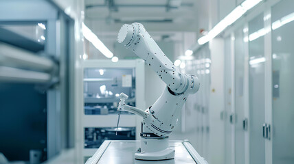 robot arm in white modern factory, white room - obrazy, fototapety, plakaty