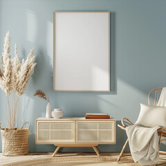 An empty frame mockup suspended on a tranquil sky blue wall, symbolizing serenity and calmness,...