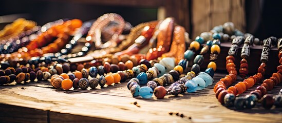 Body jewelry made from various beads displayed on a wooden table, showcasing the intersection of art, fashion accessory, and craft in jewelrymaking