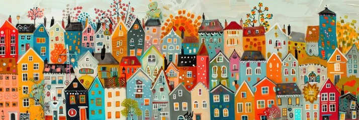 A painting of a colorful neighborhood with a mix of tall and short houses, trees, and clocks.