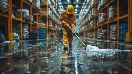 warehouse workers mopping and cleaning a warehouse.generative ai - obrazy, fototapety, plakaty
