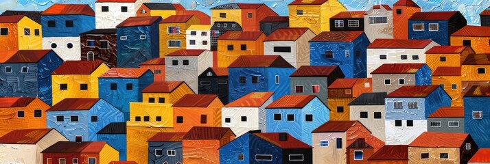 An abstract painting of a village of colorful houses. The houses are in varying shades of blue, yellow, red, and orange, and their roofs are in brown, orange, and red.