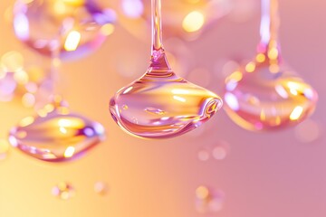 gold serum droplets flying on the pink gold gradient background