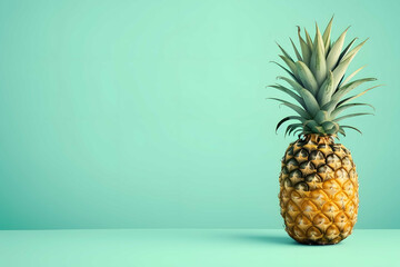 Pineapple on wooden table over mint background. Tropical summer vacation concept
