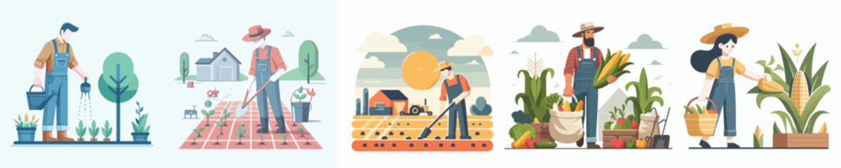 Set Vector illustration of farmer in flat design style