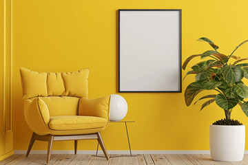 Hanging on a radiant sunflower yellow wall, a modern empty frame mockup brings joy and optimism to...