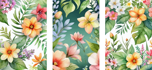 Set of three floral watercolor background templates with flowers.
