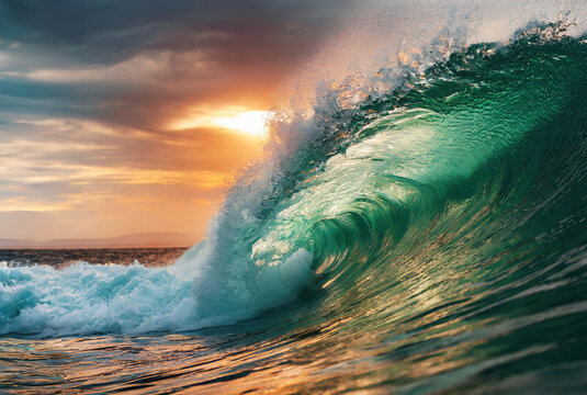 A wave crashing into the ocean with a beautiful sunset in the background