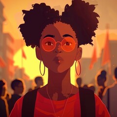 A stylish animated girl exudes confidence as she strides through a bustling cityscape at sunset, with a vibrant, warm glow surrounding her.