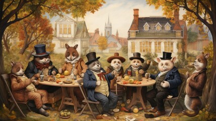 A group of anthropomorphic animals are sitting around a table, dressed in formal wear and eating apples