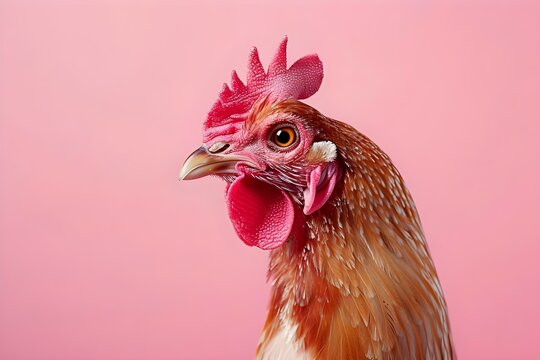 Side profile of a chicken against a pink background. Concept Animal Photography, Still Life, Pink Backgrounds