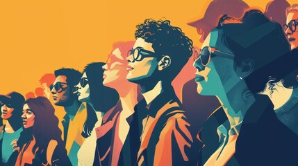 group of people standing in a row. They are wearing sunglasses and ties, the background is orange.