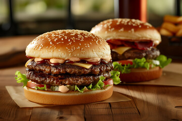 two hamburger burgers with side dishes on a wooden counter, in the style of rustic naturalism,...