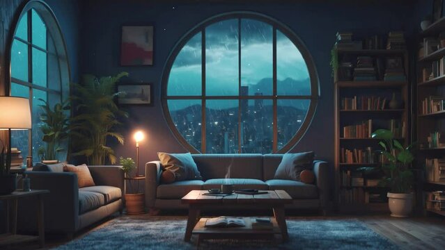 animated stream overlay loop. cozy lo-fi living room with window, raining night sky. visual novel background wallpaper, vtuber asset twitch zoom OBS. study chill hip hop anime video. virtual interior