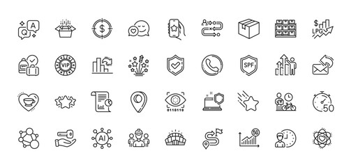 Spf protection, Dating and Packing boxes line icons pack. AI, Question and Answer, Map pin icons. 5g statistics, Storage, Buying house web icon. Confirmed, Vip chip, Decreasing graph pictogram. Vector